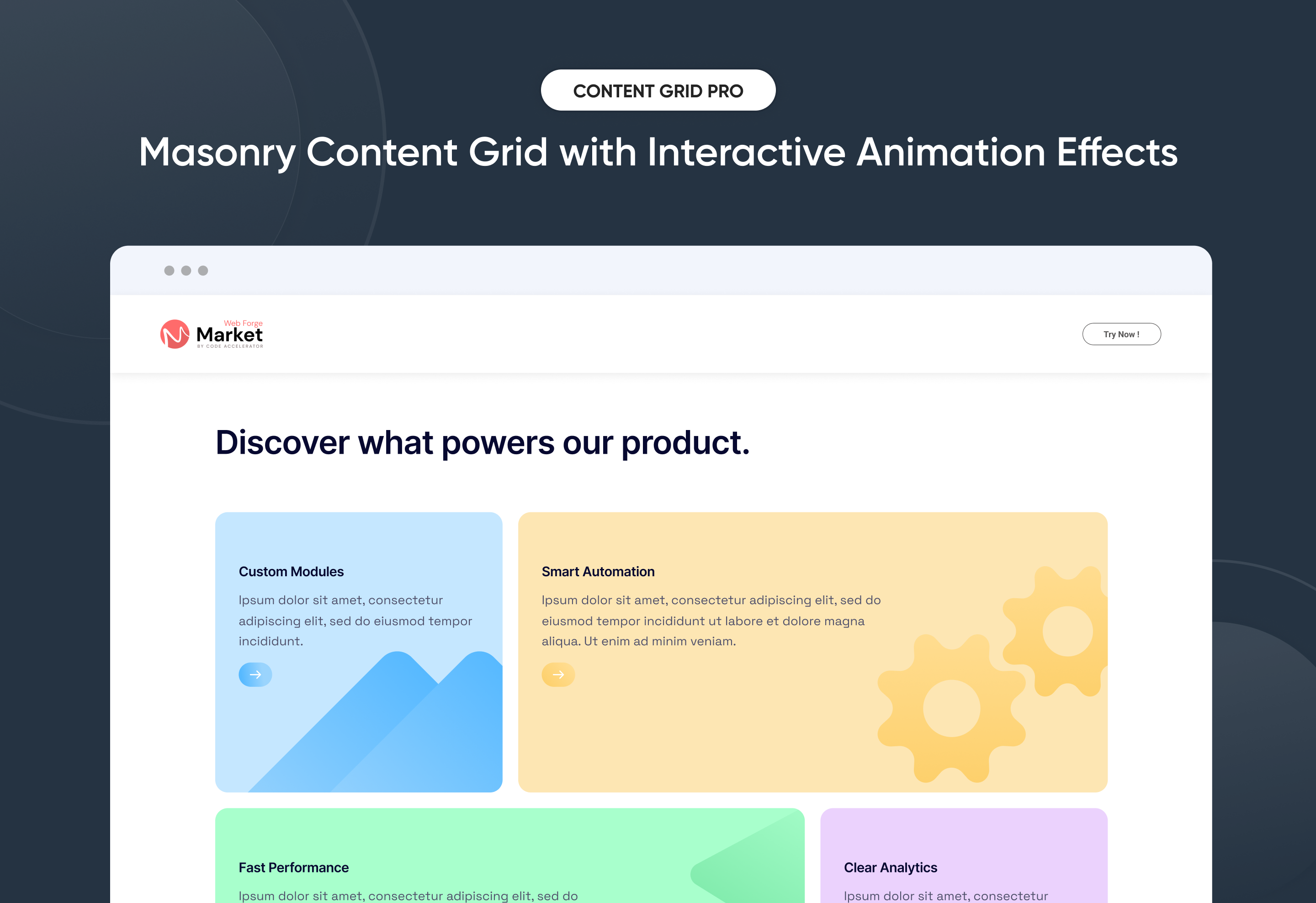 Masonry Content Grid with Interactive Animation Effects