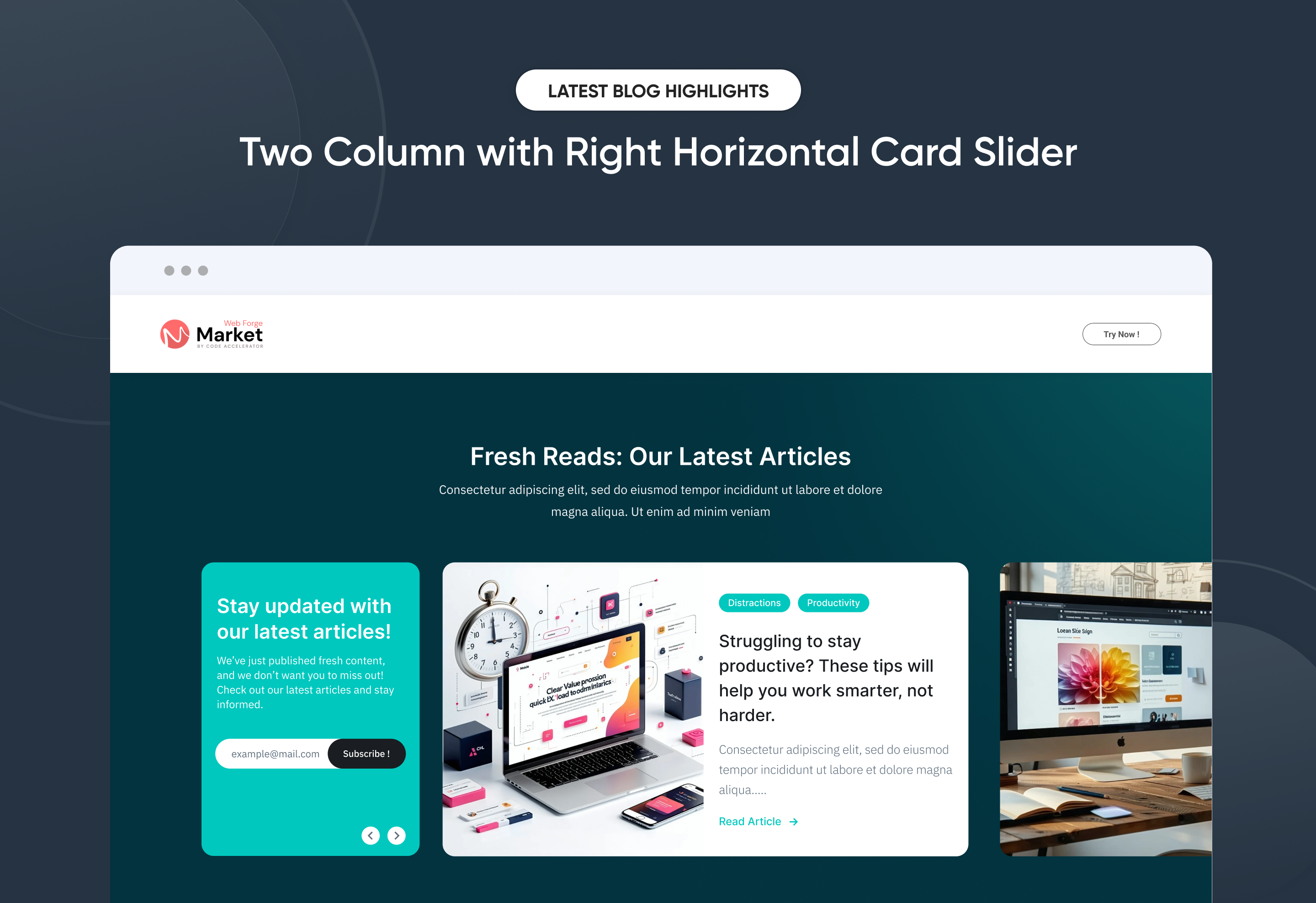 Two Column with Right Horizontal Card Slider